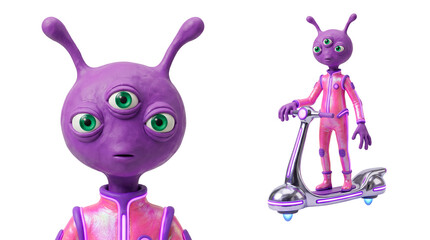 transparent background purple alien character sheet scooter creature isolated cutout three eyed space visitor appears in face and full body poses with a kick scooter for whimsical sci fi concepts © Aurora Aesthetics