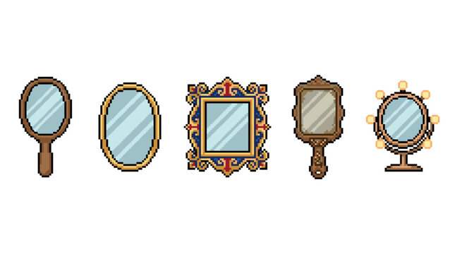 Five pixel art mirrors display a diverse collection of decorative and functional reflective objects in various shapes and designs.