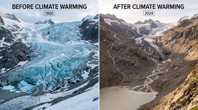 Alpine grandeur fades, a dramatic sixty four year chronicle of a shrinking glacier's plight from 1960 to 2024