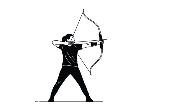 Female archer aiming a longbow in a professional stance silhouette illustration for sports, competition, or hunt themes.
