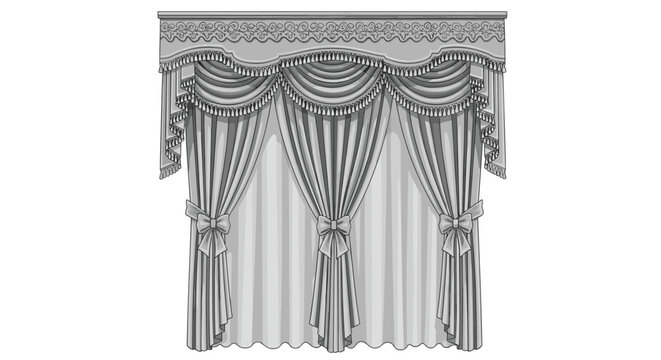 Luxurious ornate window curtains with elaborate valance and tassels monochrome illustration for interior design and decor.