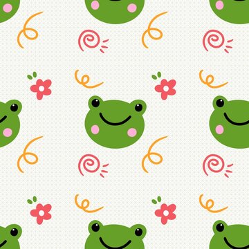 Cute Frog Seamless Pattern with Flowers and Swirl Doodles Background