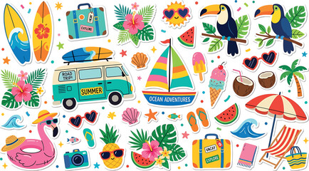 Summer vacation sticker set with tropical elements, beach items, surfboard, van, flamingo, and fruits © SampaRani