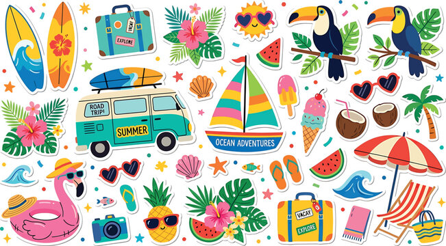 Summer vacation sticker set with tropical elements, beach items, surfboard, van, flamingo, and fruits