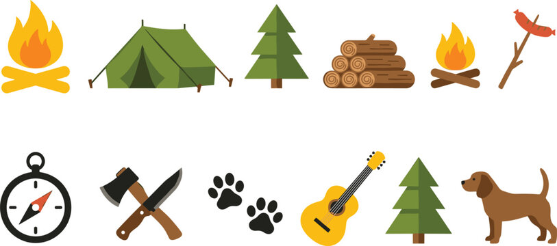 Flat Camping and Outdoor Adventure Icon Set Featuring Tent, Bonfire, Compass, Guitar, Wood Logs, Axe, Pine Trees, Dog, and Sausage Food Elements