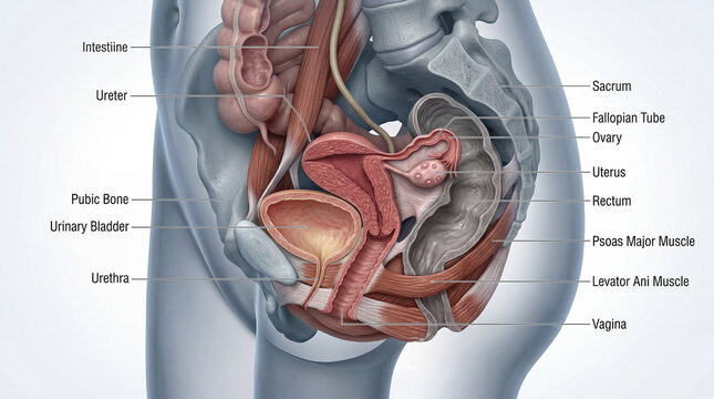 Marvelous blueprint of the female pelvis revealing delicate internal organs and supporting structures