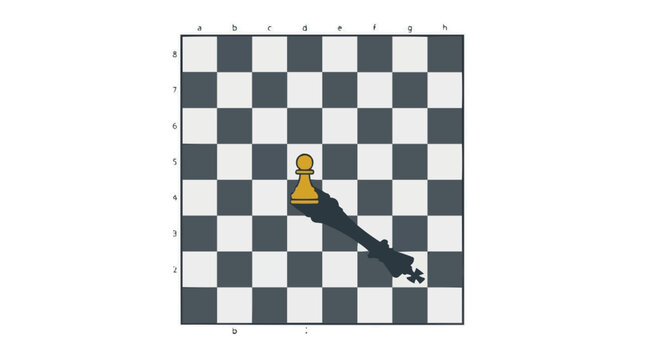 Chess pawn casting a shadow of a king on a chessboard representing strategy and power dynamics