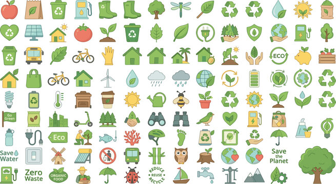 Mega Ecology Icon Set Featuring Flat Line Symbols for Recycle, Green Energy, Zero Waste, Organic Food, Nature Conservation, and Sustainable Lifestyle Graphic Designs