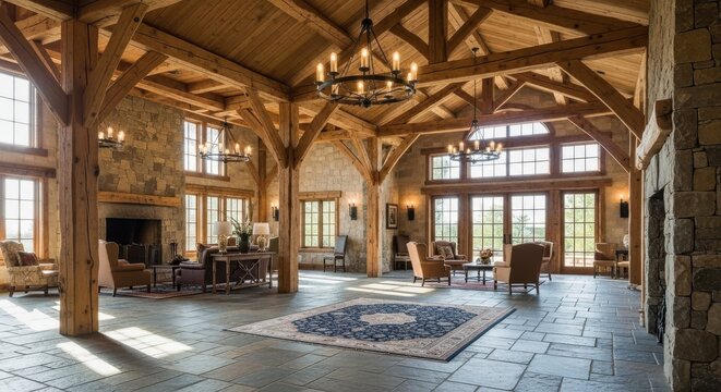 Grand rustic interior with rough hewn timber beams supporting a high vaulted ceiling and natural light streaming in through large windows