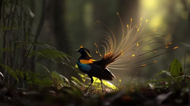 Exotic Bird of Paradise dances in lush rainforest, vibrant plumage, sunlight filtering through leaves