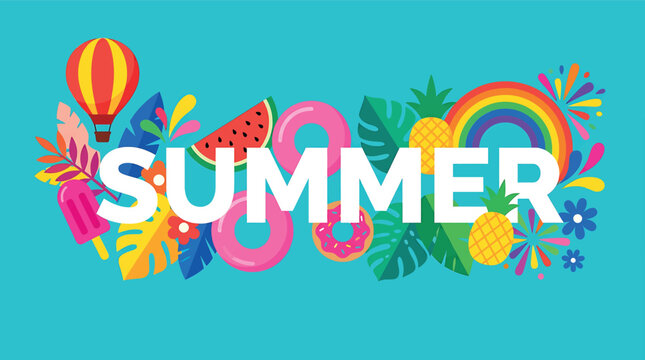 Summer background with tropical leaves, watermelon, pineapple, rainbow, hot air balloon, donut, ice cream and pool floaties