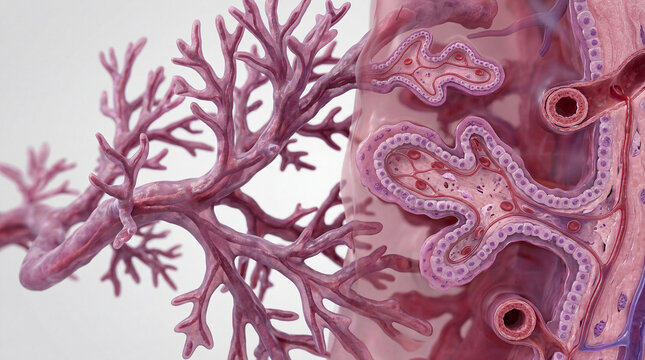 Intricate design of pulmonary alveoli and branching bronchioles revealing vital gas exchange within the human lung