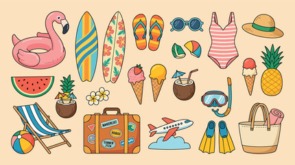 Summer vacation icons set with beach accessories, tropical fruits, and travel items © SampaRani