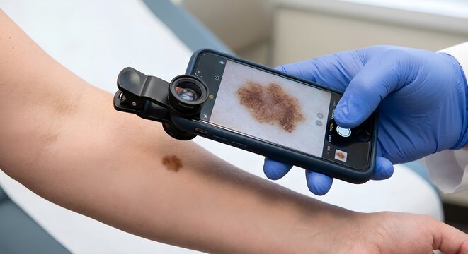 Dermatologist using a smartphone-attached dermatoscope (digital dermoscopy device) to examine a mole on a patient's arm, representing skin cancer screening and teledermatology