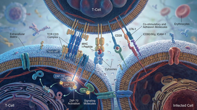 Vibrant molecular ballet of T Cell activation engaging an Infected Cell in the immune response