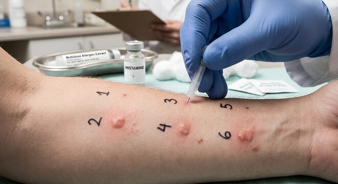 Close-up of a person's forearm with multiple small skin prick test sites, numbered dots, and visible positive reactions (raised red wheals), representing allergy diagnostics