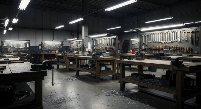 An empty industrial workshop with multiple workbenches, scattered tools, and overhead lighting