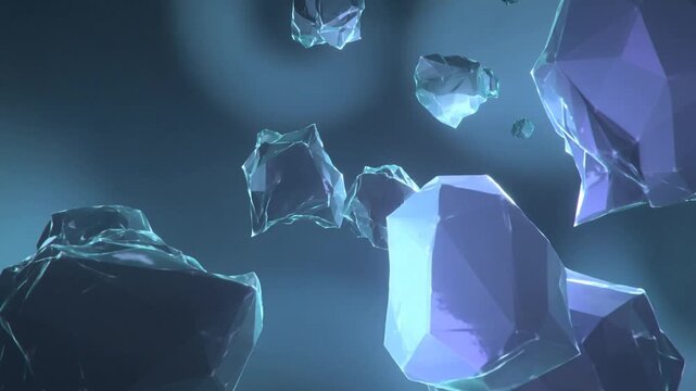 Abstract background with floating translucent blue geometric crystal shapes, 3d render of low poly rocks in deep blue space