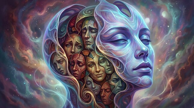 Surreal digital art illustration featuring a multifaceted human head containing many emotional faces within a cosmic nebula background.