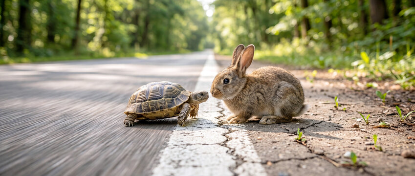 Emotional animal concept with rabbit and tortoise facing off on symbolic split road in nature