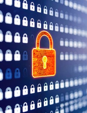 A large, glowing orange padlock dominates a grid of smaller, muted padlocks