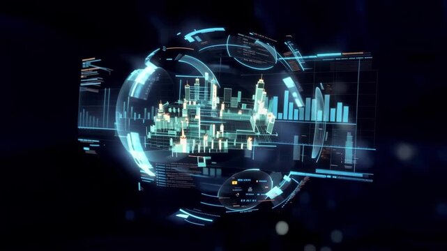 Holographic HUD Interface with 3D City Globe and Rotating Data Charts