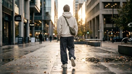 Fototapeta premium Rear view of a man walking down a wet city street with fallen autumn leaves during golden hour