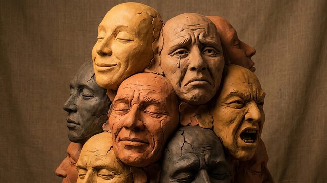Cluster of multiple human face sculptures expressing diverse emotional states.