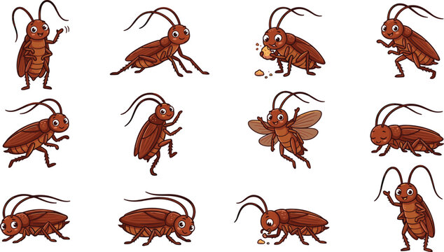 Cute Cockroach Cartoon Character Vector Icon Set with Crawling Flying and Eating Poses for Pest Control Advertising and Kids Educational Graphics