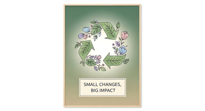 Recycle symbol with leaves and flowers, small changes big impact text
