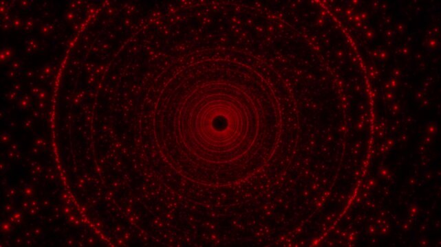 Elegant red circle tunnel with glowing particles, shiny red dust motion graphic backdrop, Futuristic shining portal for concert and festive event, 4k video.