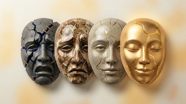 Four human face masks representing emotional progression from sorrow to peace.