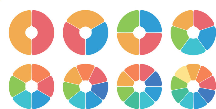 Colorful Pie Chart and Donut Diagram Vector Set Divided from Two to Nine Segments for Infographic and Business Presentation Designs