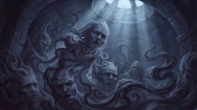 Dark fantasy digital illustration of trapped souls and ethereal spirits in a cavernous underworld.