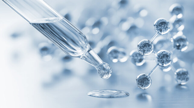 A scientific laboratory research concept using a glass dropper pipette releasing a turquoise drop of liquid onto a glossy surface against a background of blurred glass models of molecules.