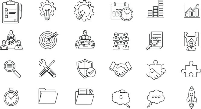 Business and management thin line icon set with isolated professional corporate development and strategy symbols on white backgroundBusiness and management thin line icon set with isolated professiona