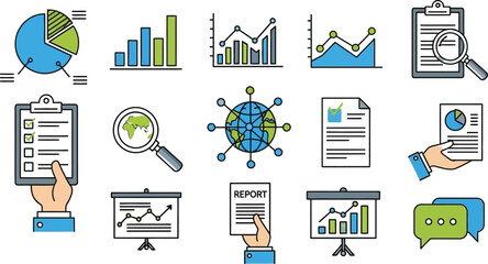 Fototapeta premium Business data analysis and financial report icon set with isolated flat line chart graph and presentation symbolsBusiness data analysis and financial report icon set with isolated flat line chart grap