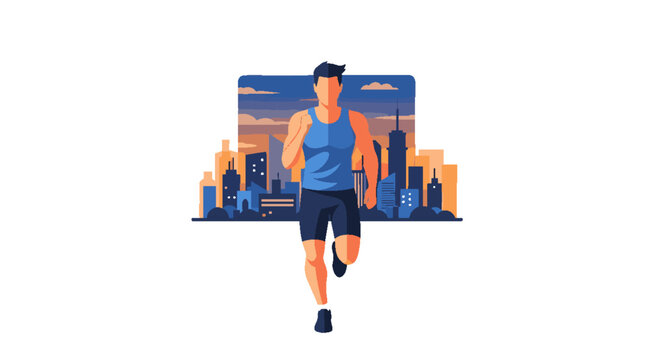 Fit Man Running in City at Sunrise, Urban Marathon Runner Training Outdoors, Healthy Lifestyle and Fitness Concept