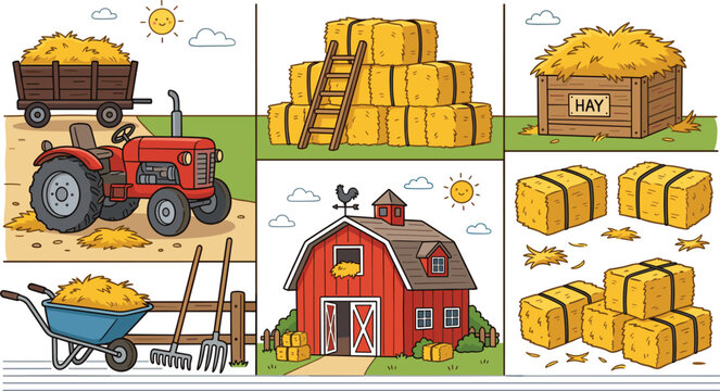 Agriculture and Farm Life Vector Illustration Set Featuring Red Tractor Barn Hay Bales Wooden Wagon Wheelbarrow Rake and Pitchfork Graphic Elements