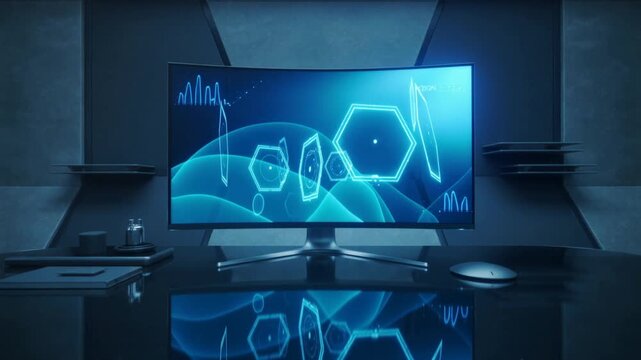 Futuristic curved computer monitor displaying digital holographic interface on a sleek dark desk in a modern hightech office environment