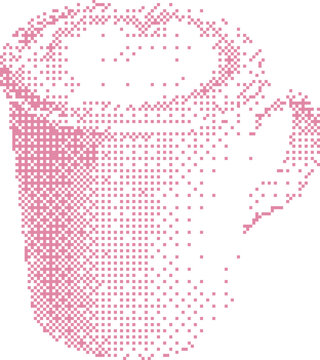Pixelated pink coffee mug on white background with soft light creating a subtle gradient effect