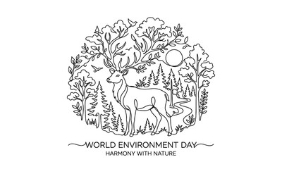 Obraz premium Minimalist deer illustration surrounded by forest trees and nature elements for world environment day isolated on transparent background, Vector silhouette one line art design editable
