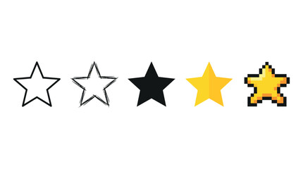 Fototapeta premium Five different styles of stars are presented in a horizontal row, showcasing various artistic interpretations from outline to pixel art.
