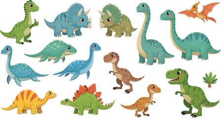 Cute cartoon dinosaur vector illustration set with isolated baby t-rex triceratops stegosaurus and brachiosaurus characters on white backgroundCute cartoon dinosaur vector illustration set with isolat © MdAnowar