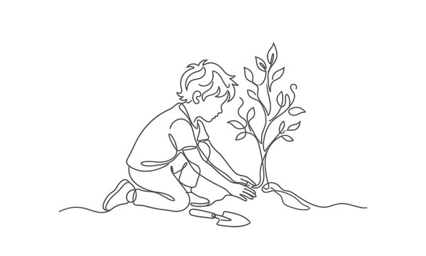 Child planting small tree sapling outdoors isolated on transparent background, Vector silhouette one line art design editable
