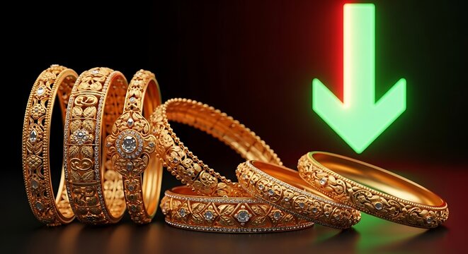Stack of ornate Indian gold bangles with a glowing green downward pointing arrow symbolizing a decrease in gold market price
