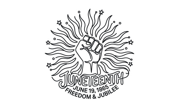 Juneteenth celebration fist icon with sun rays and stars isolated on transparent background, Vector silhouette one line art design editable