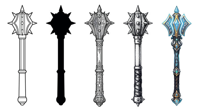 Five distinct fantasy maces weapon illustrations showcasing various artistic styles from detailed line art and textured designs to a vibrant magical artifact.