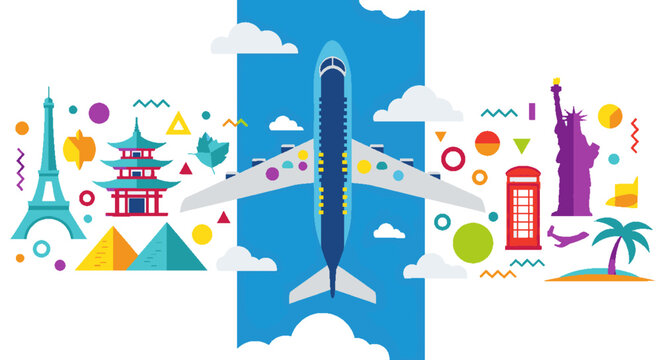 Airplane flying over world landmarks, symbolizing global travel and tourism, vibrant vector illustration
