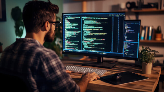 Software developer working on computer code in a modern home office